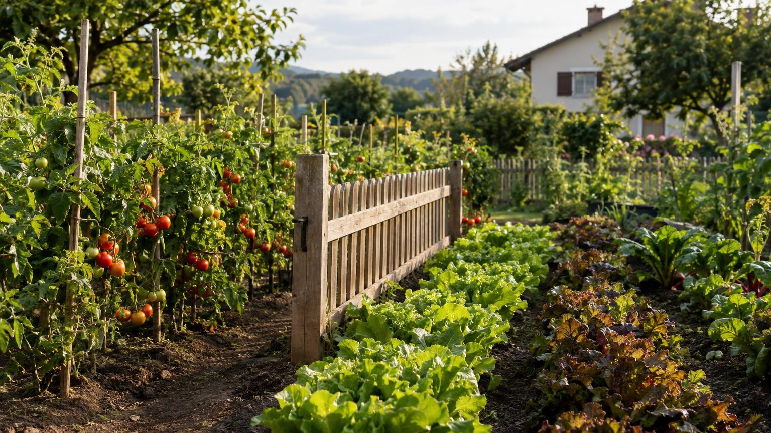 Potager soigné avec clôture déplacée et maison voisine floue
