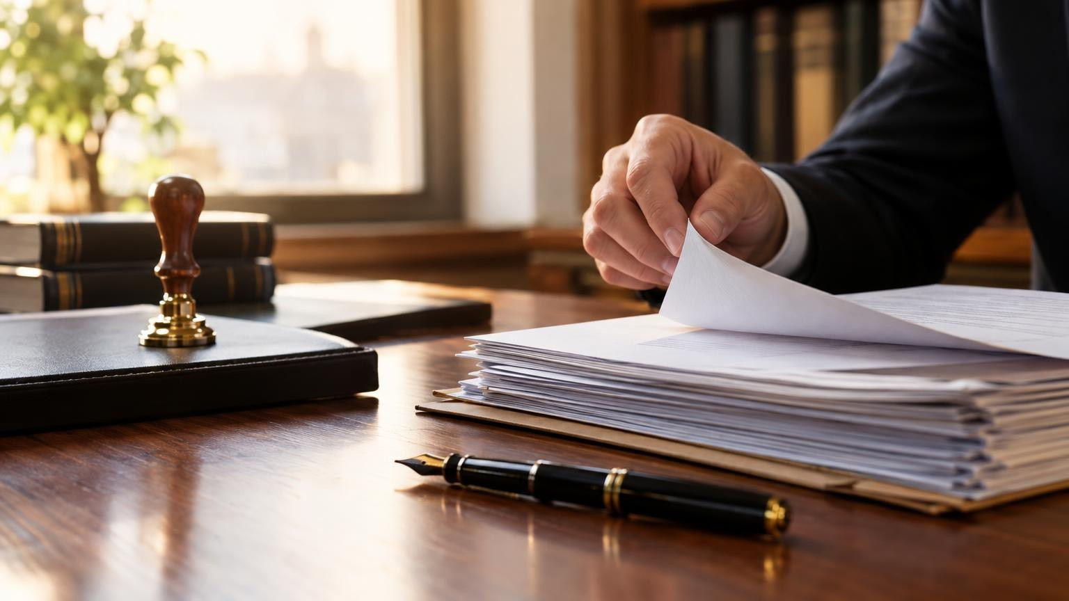 Mains feuilletant des dossiers de propriété sur un bureau de notaire