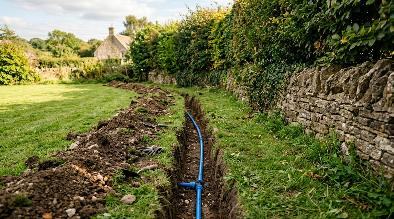 Tuyau d'eau bleu enterré sous une pelouse de jardin