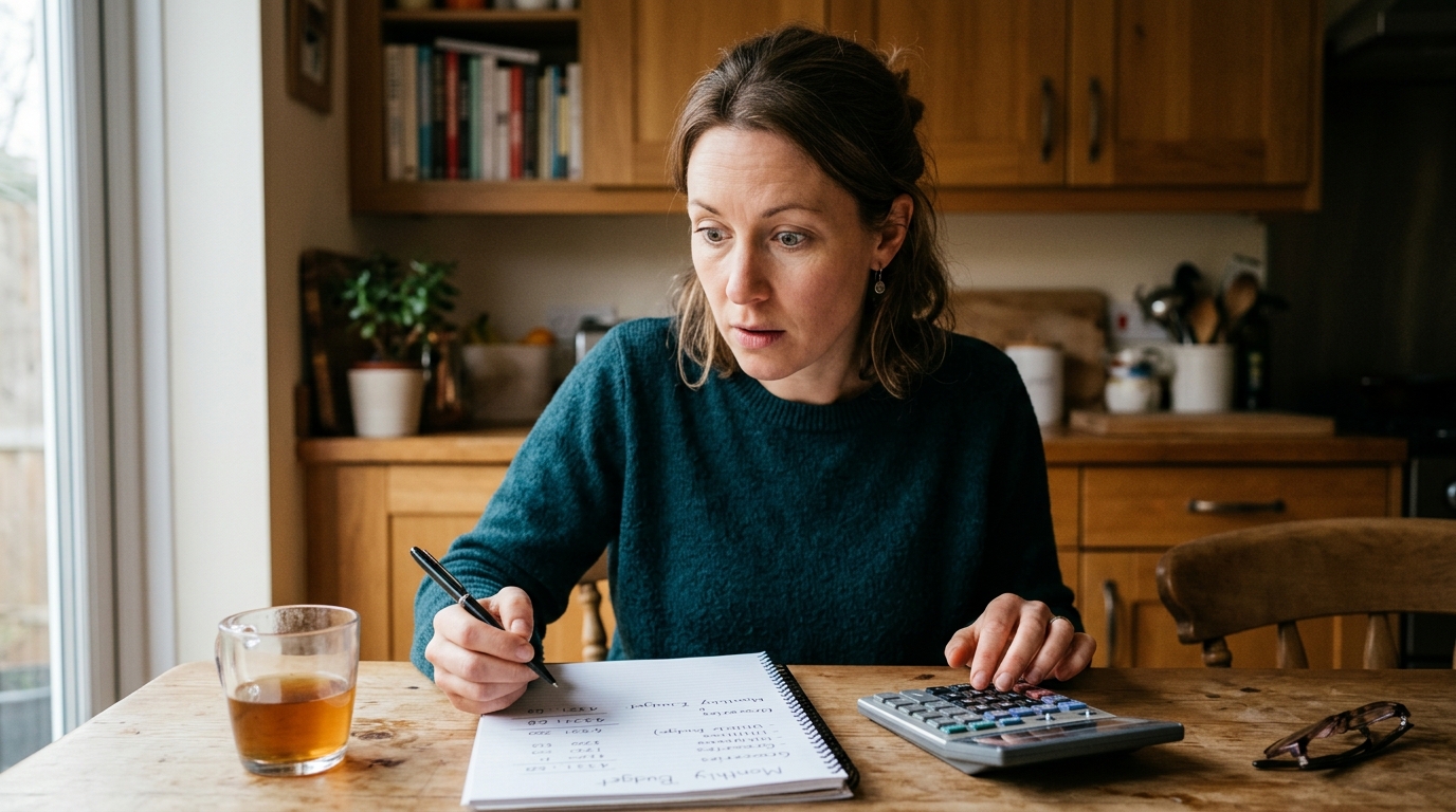 Femme pensive devant une calculatrice et un carnet