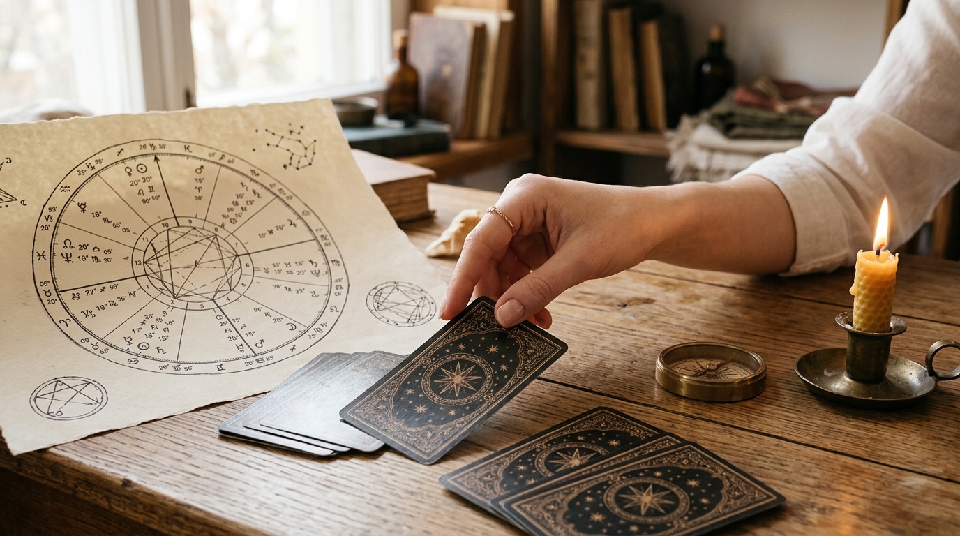 Thème astral dessiné, cartes de tarot et boussole sur table