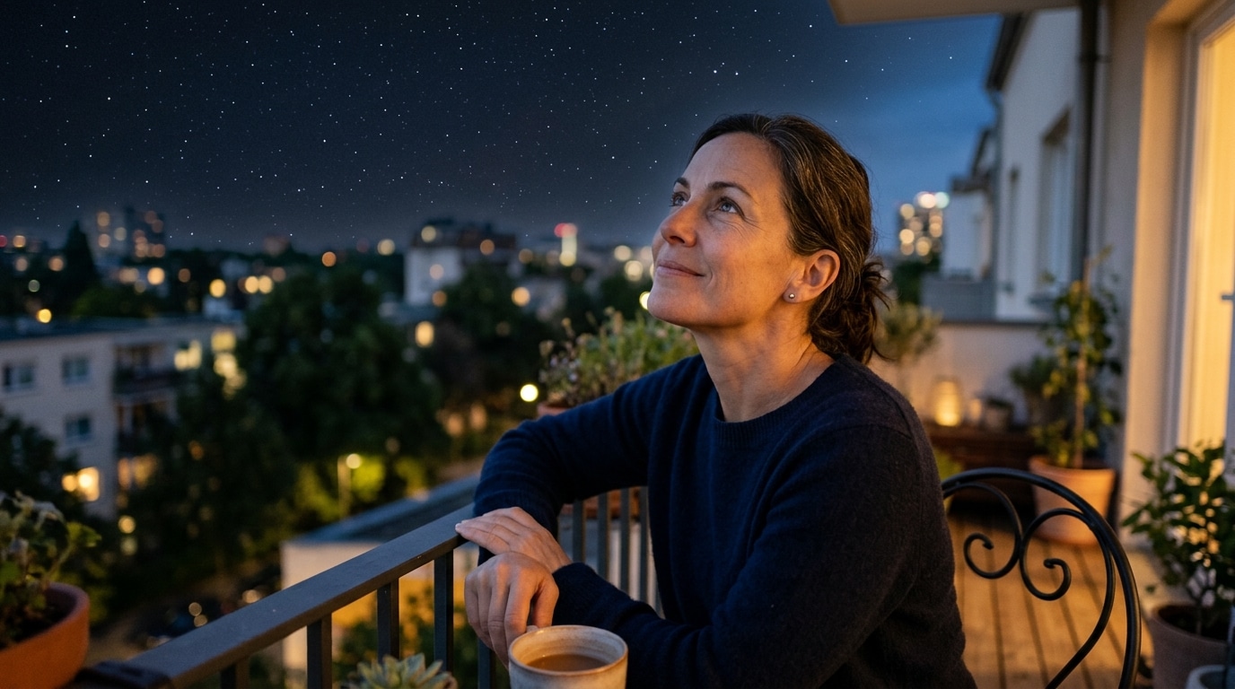 Femme sereine sur un balcon regardant le ciel étoilé