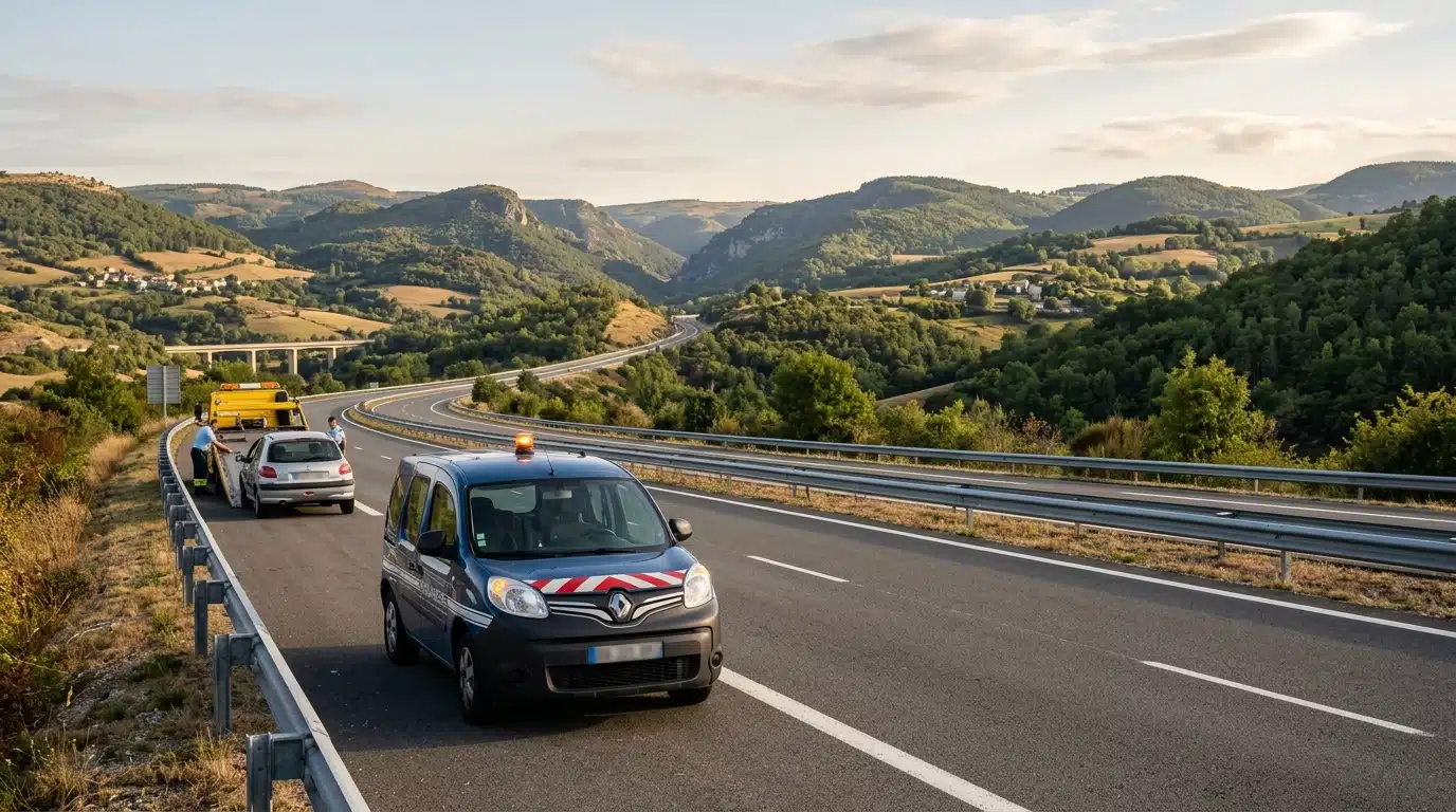 Voiture de gendarmerie et dépanneuse sur le bas-côté d'une autoroute