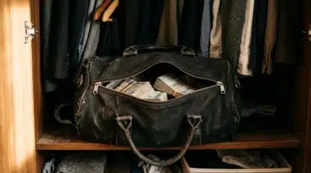 Sac de sport entrouvert rempli de liasses de billets