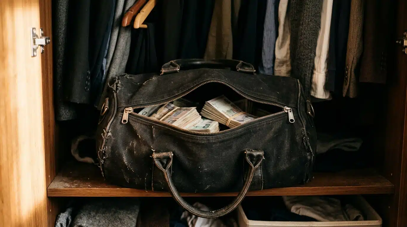 Sac de sport entrouvert rempli de liasses de billets
