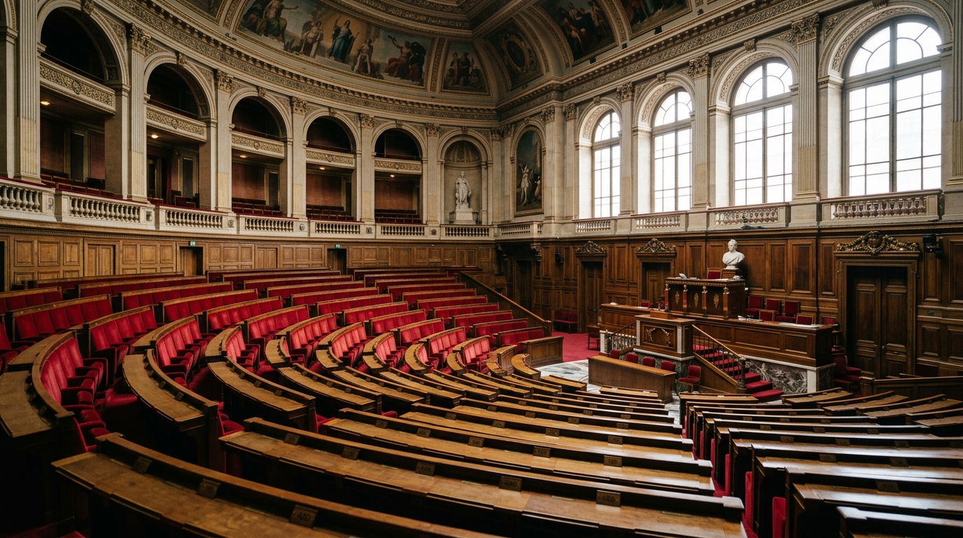 Hémicycle vide de l'Assemblée nationale, où le budget 2027 doit être examiné