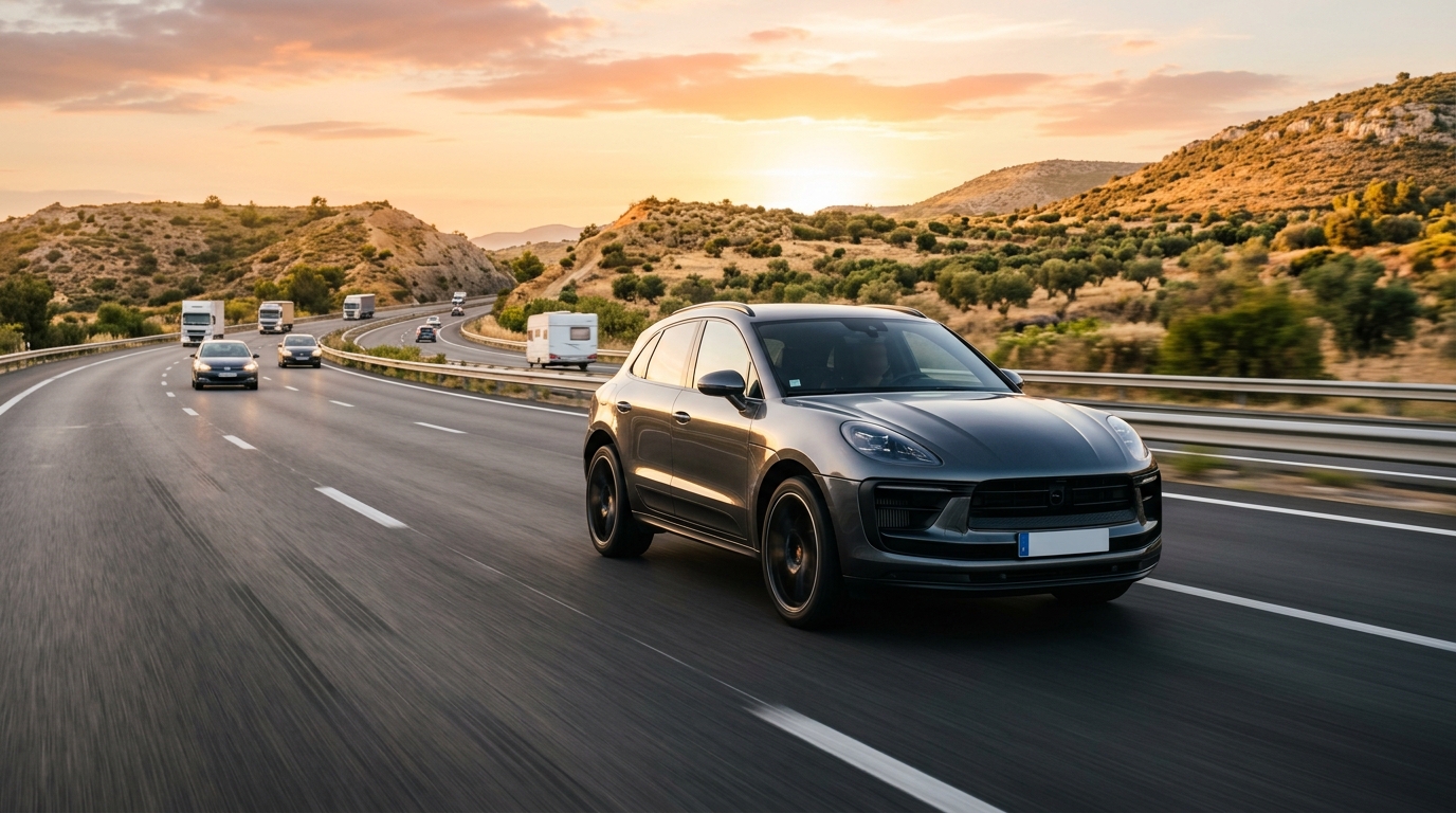 SUV sportif filant sur une autoroute au coucher du soleil