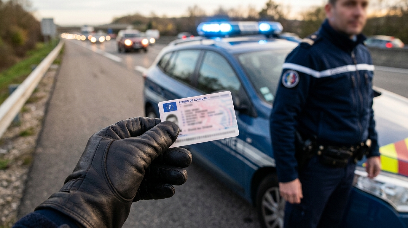 Main gantée d’un gendarme tenant un permis sur le bas-côté