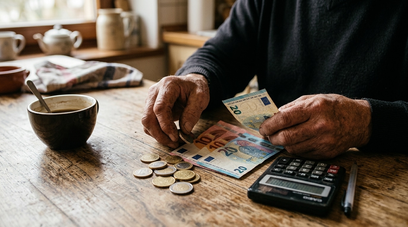 Mains comptant quelques pièces et billets sur une table