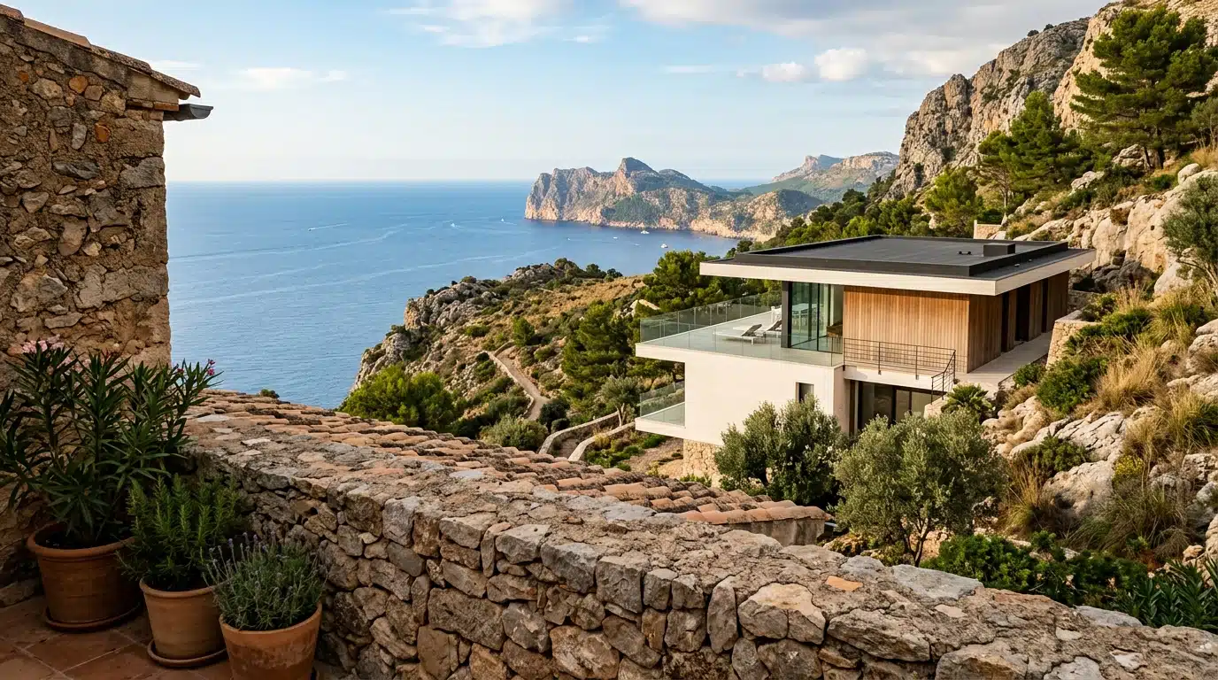 Maison moderne masquant la vue sur la mer depuis une terrasse