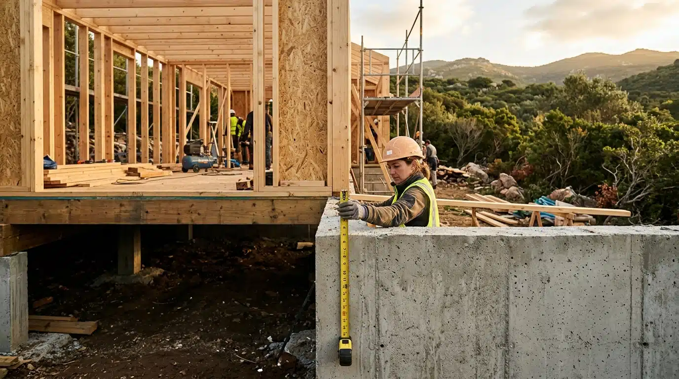 Soubassement de maison en chantier mesuré au mètre ruban