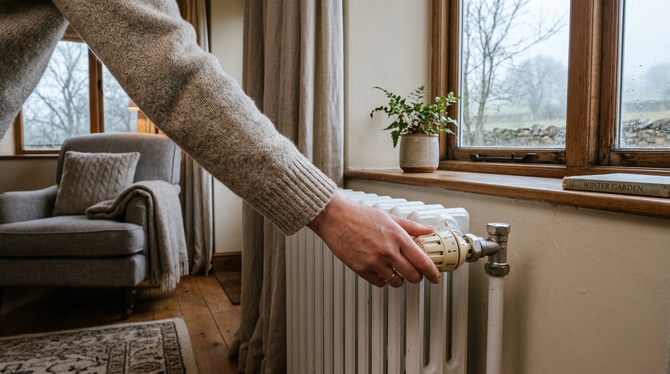 Main tournant le bouton d'un radiateur par matin gris