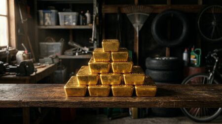 Pile de lingots d'or dans un garage sombre