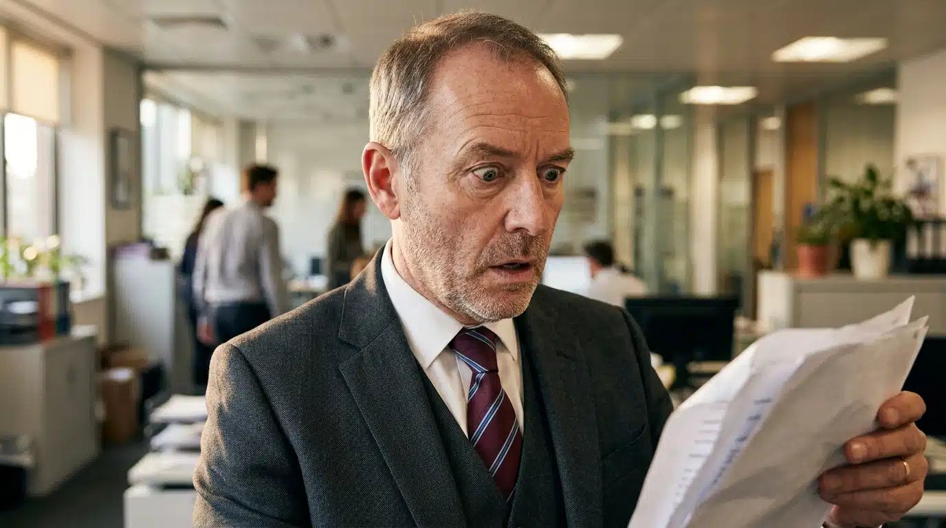 Homme en costume au regard stupéfait dans un bureau