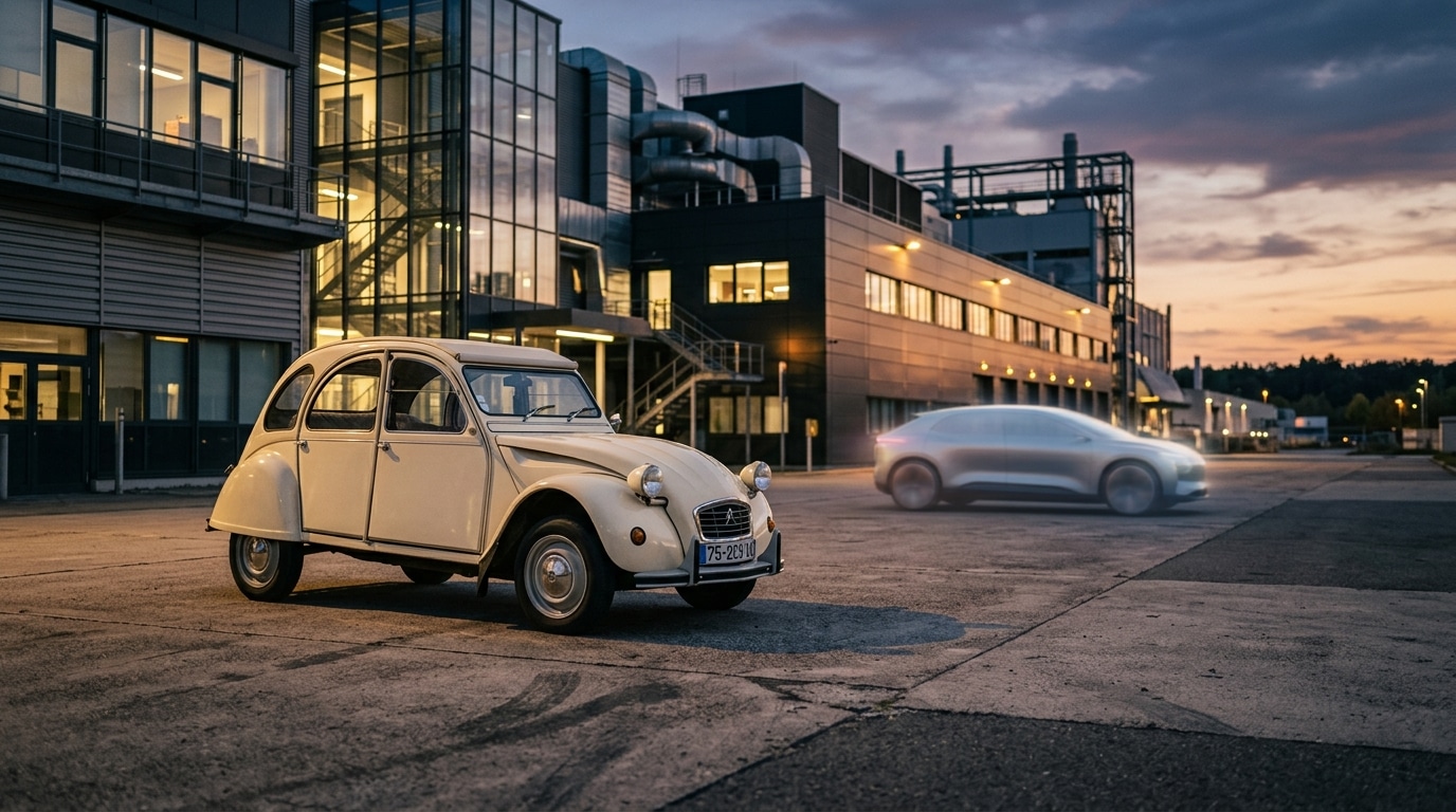 Vieille 2CV crème devant une usine moderne au crépuscule