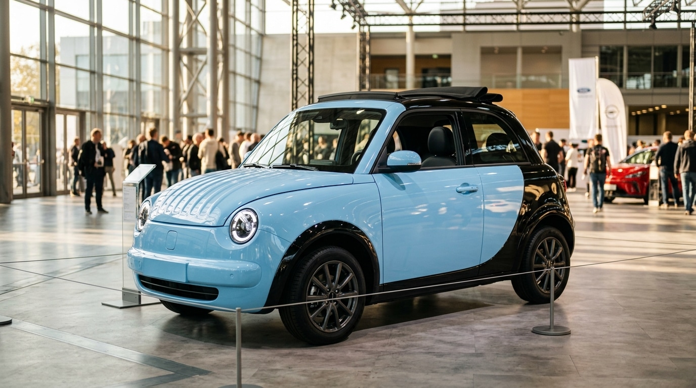 Petite citadine électrique rétro aux phares ronds en salon automobile