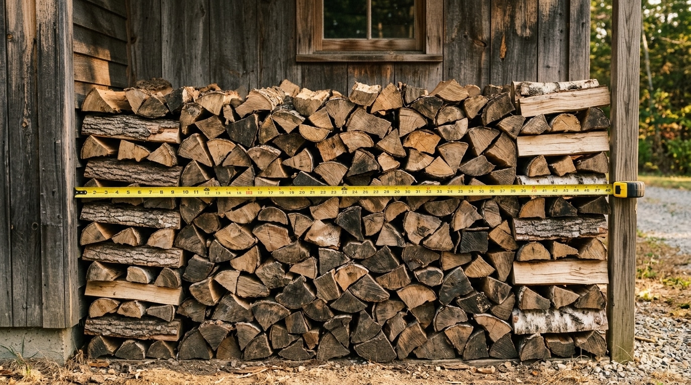 Pile de bûches rangées contre un mur avec mètre ruban