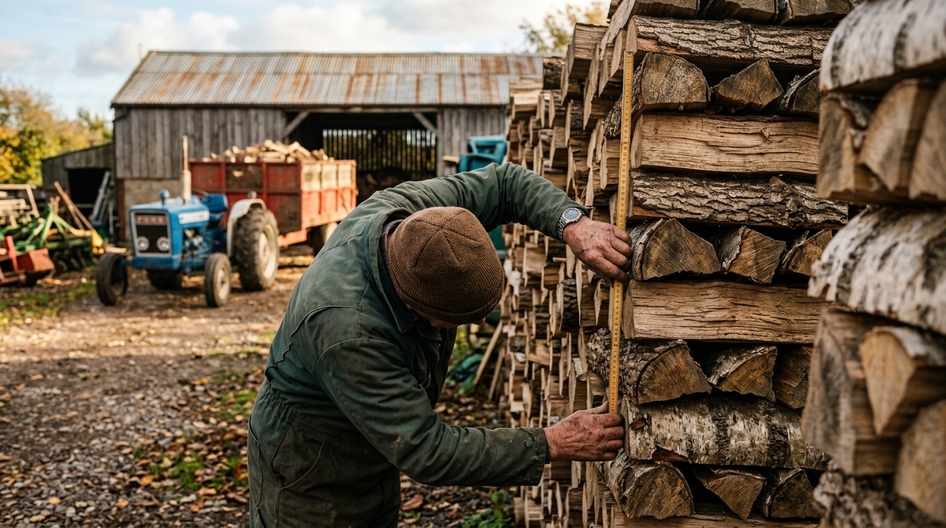 Mains mesurant la hauteur d'un tas de bois dans une cour