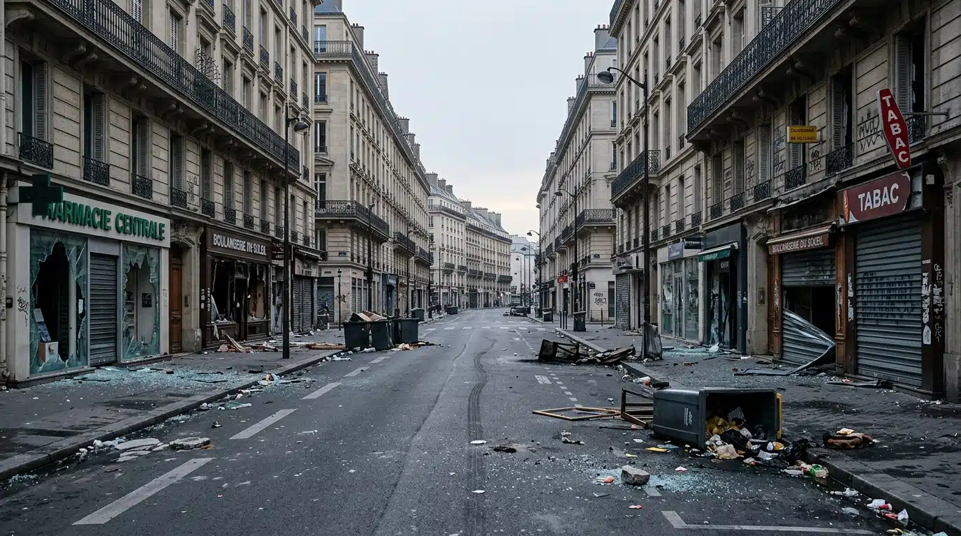 Rue déserte, vitrines brisées et débris au petit matin