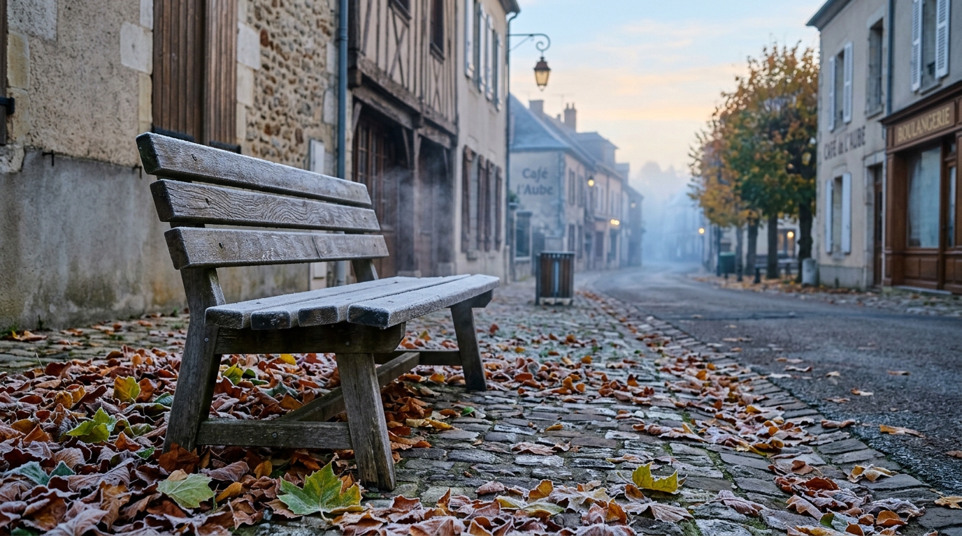 Banc couvert de givre et de feuilles d'automne