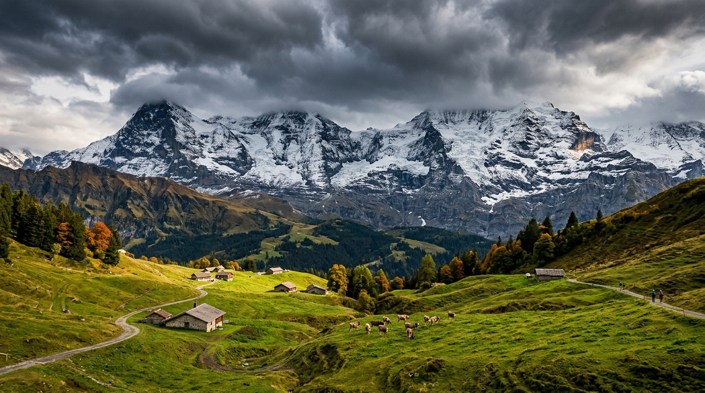 Sommets alpins saupoudrés de neige sous les nuages