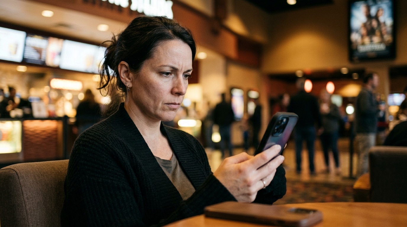 Spectateur méfiant regardant son téléphone dans un hall