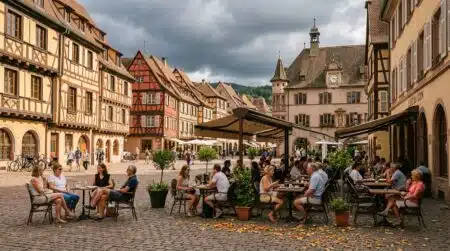 Terrasse de café sous un ciel menaçant en Alsace