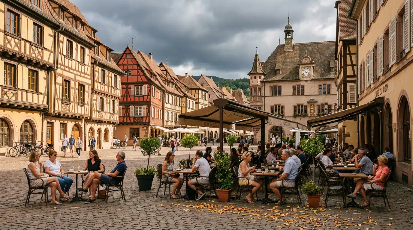 Terrasse de café sous un ciel menaçant en Alsace