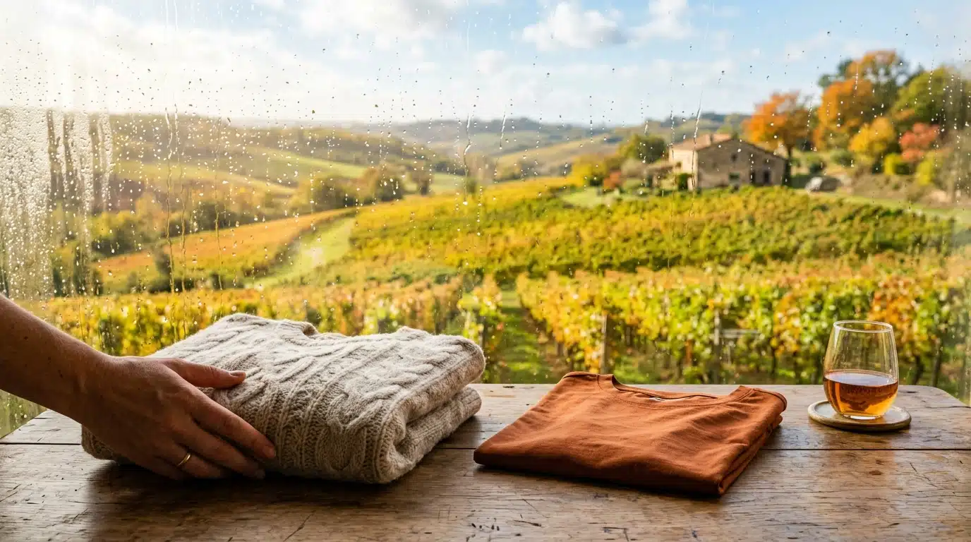 Pull et t-shirt sur une table devant une fenêtre pluvieuse
