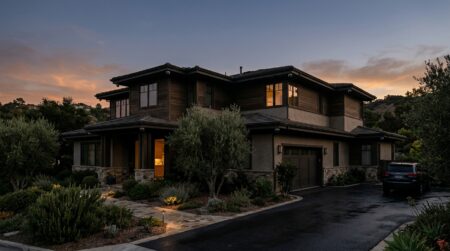 Grande maison californienne au crépuscule avec caméras de surveillance