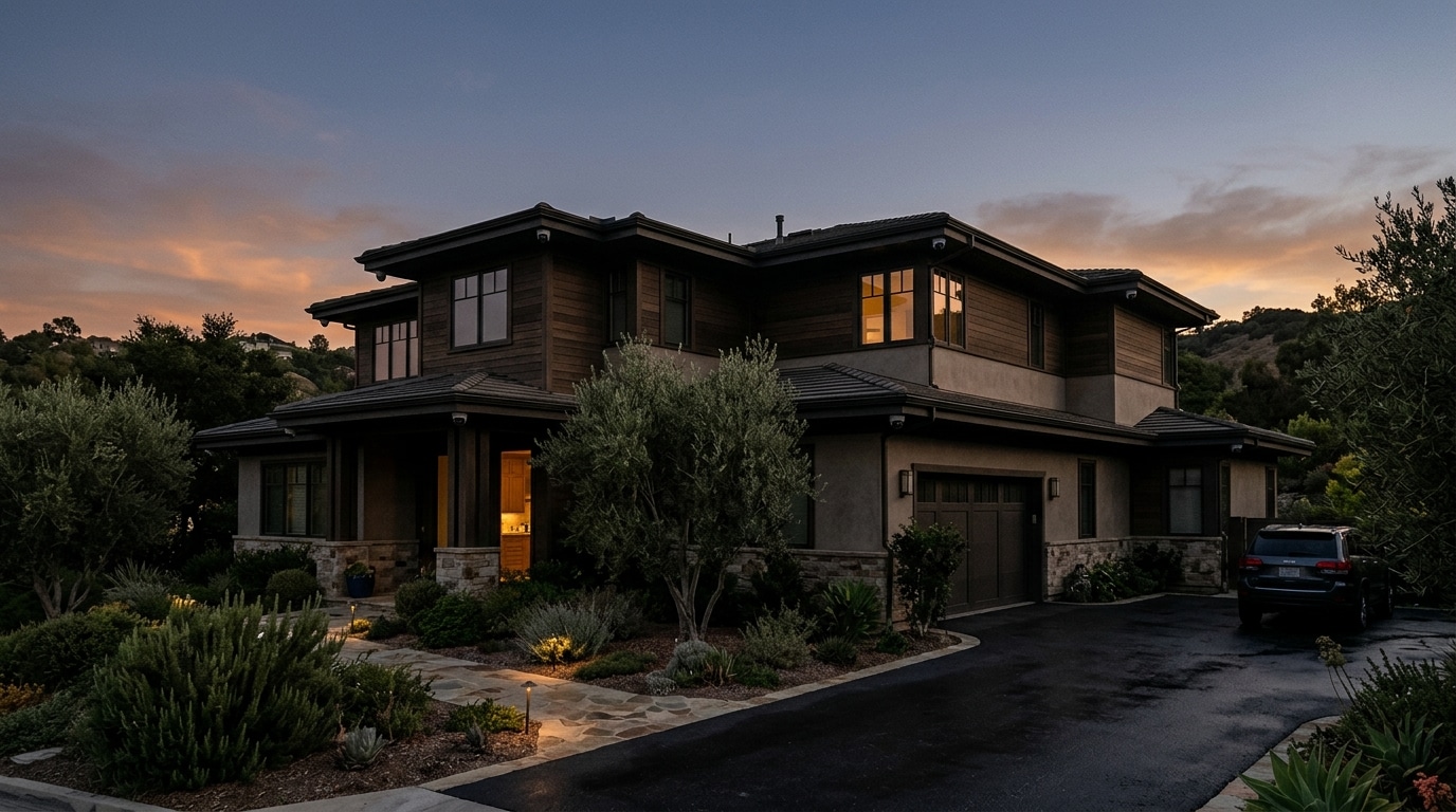 Grande maison californienne au crépuscule avec caméras de surveillance