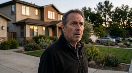 Voisin inquiet devant une grande maison californienne au crépuscule