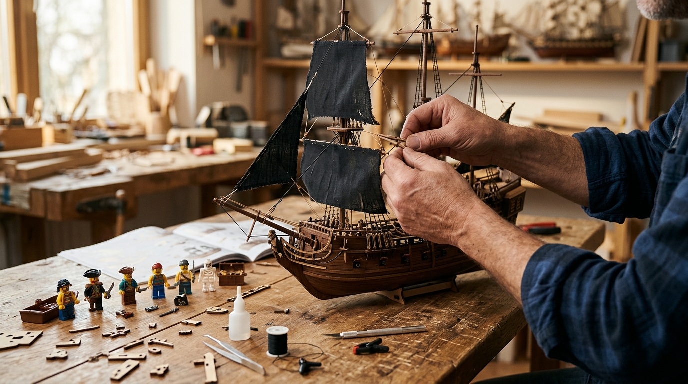 Mains assemblant un bateau pirate en briques sur une table