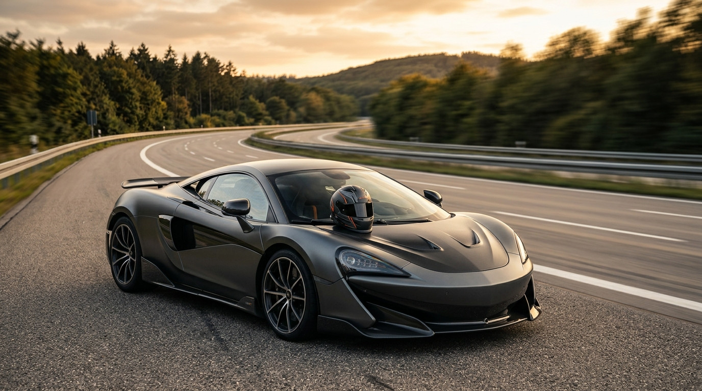 Supercar et casque de course sur une autoroute au coucher du soleil