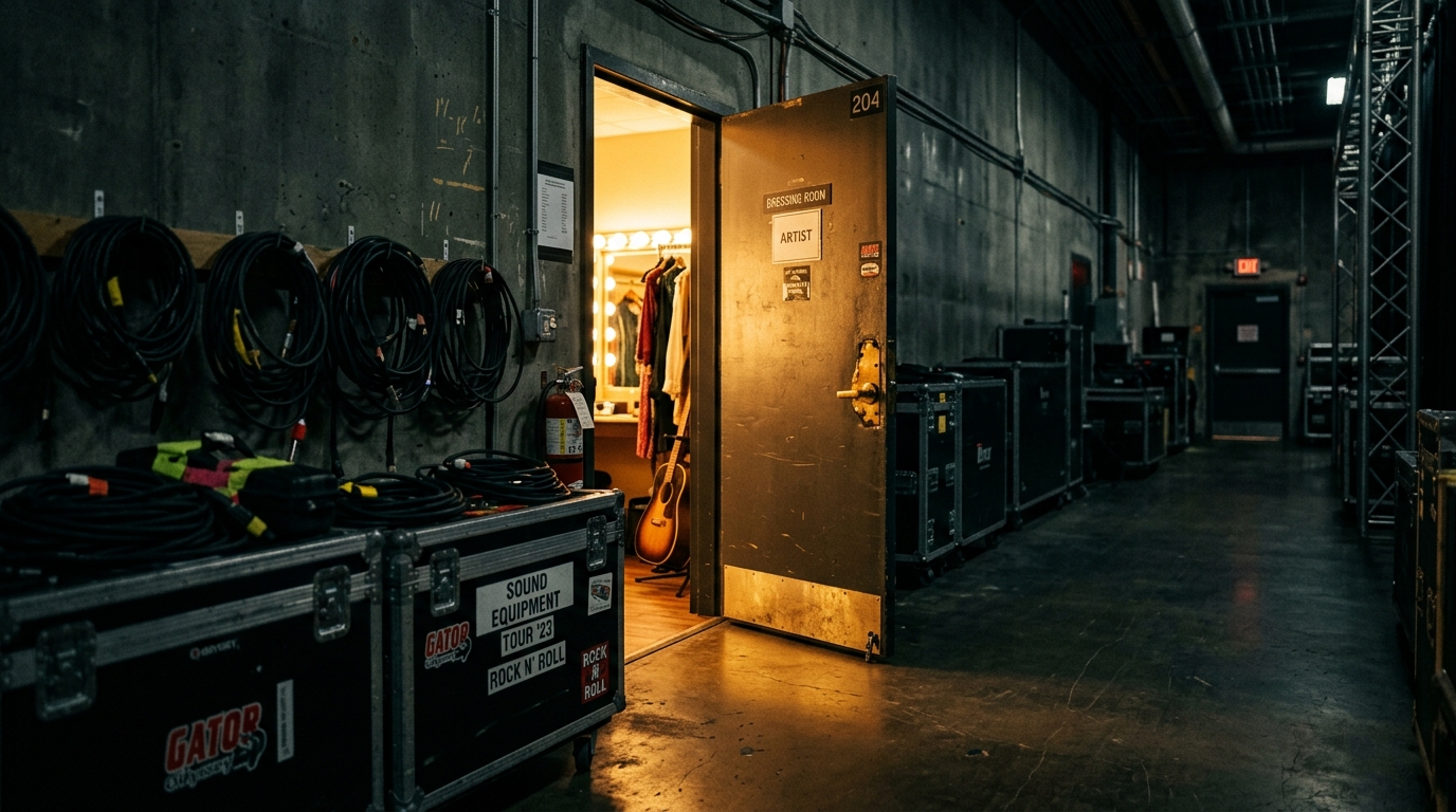 Porte de loge entrouverte avec lumière chaude en coulisses