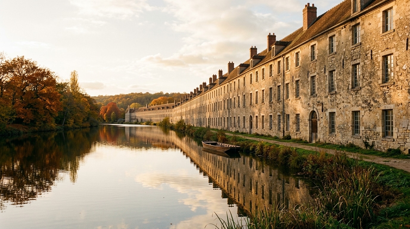 Long bâtiment de pierre au bord d'une rivière à l'automne