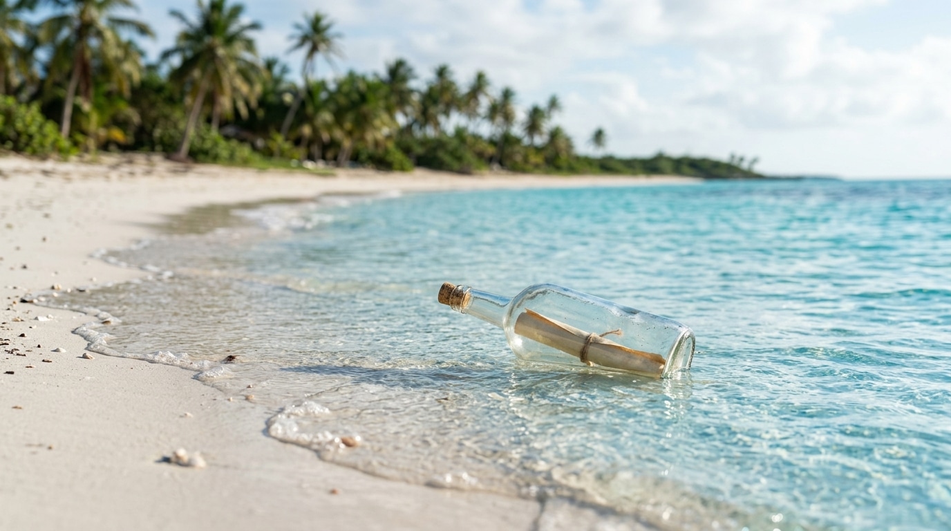 Bouteille flottant près d'une plage de sable blanc