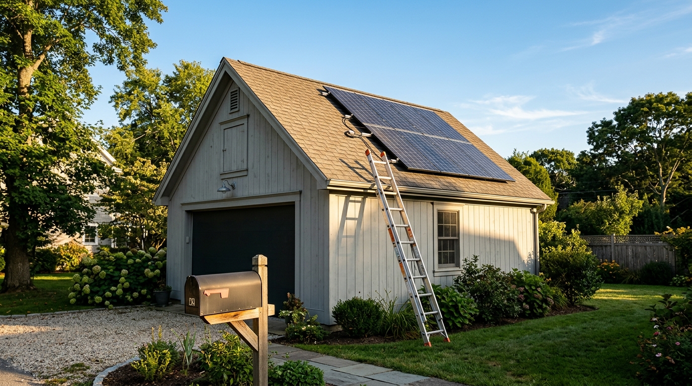 Quatre panneaux solaires sur le toit d'un garage