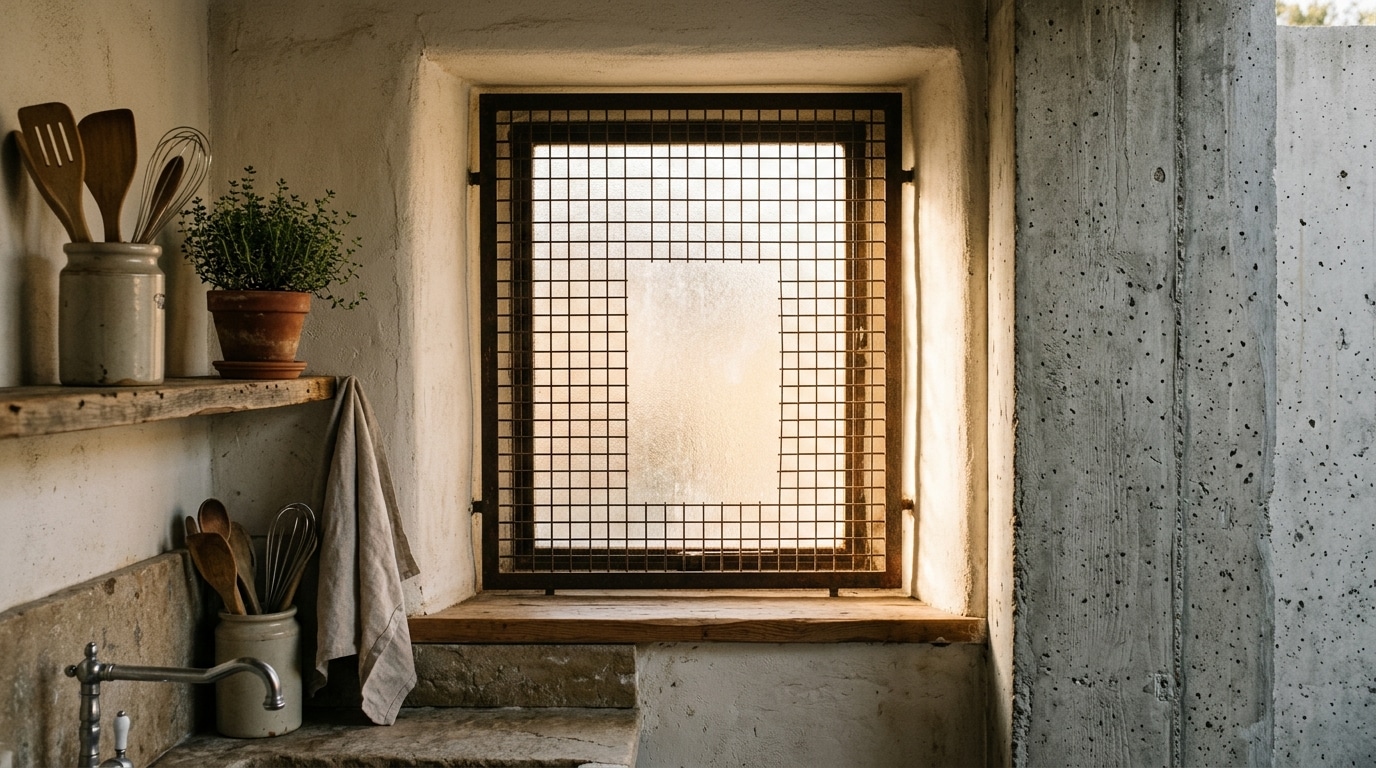 Petite fenêtre à verre dépoli en haut d'un mur de cuisine