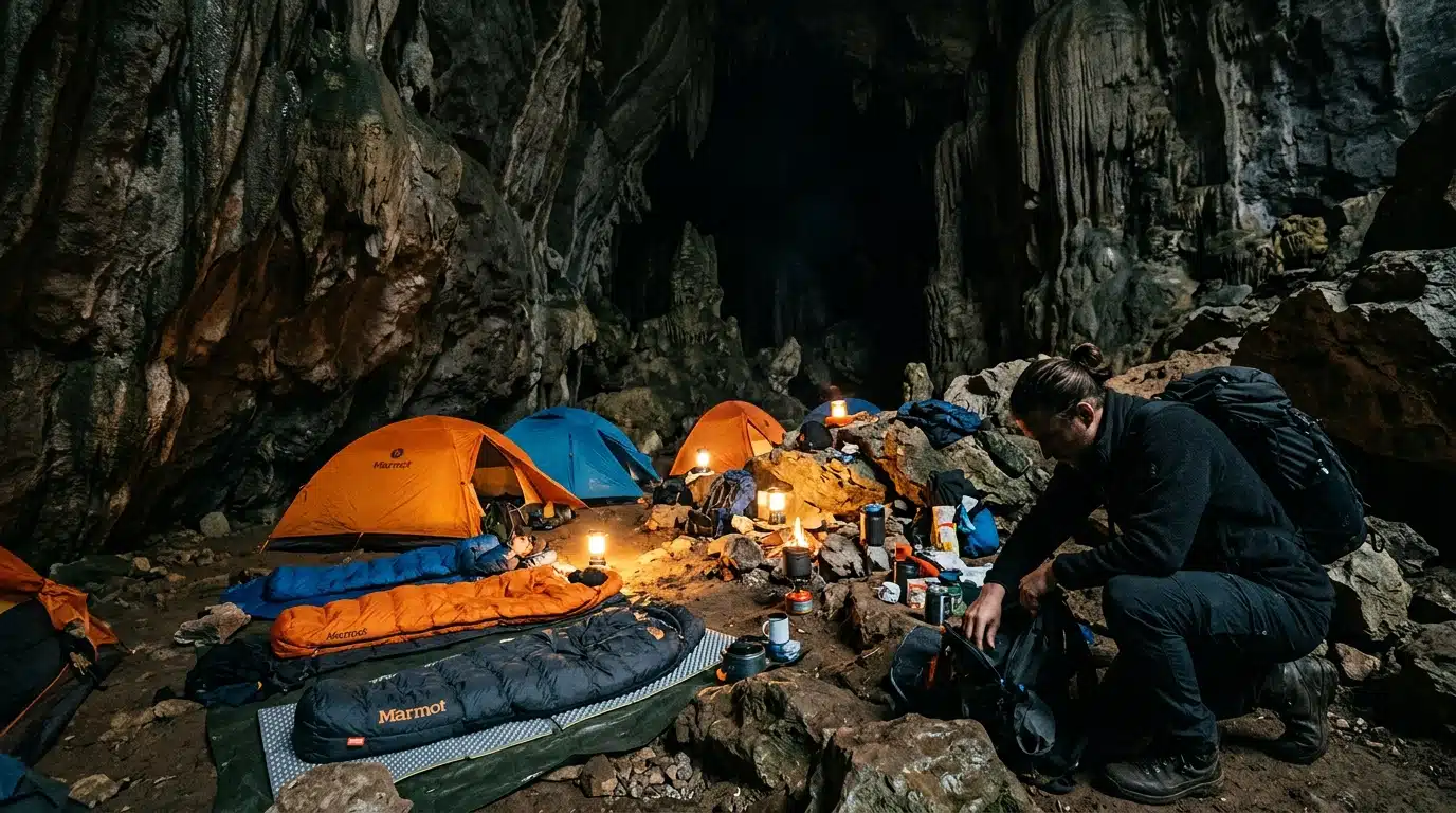 Campement lumineux au cœur d'une grotte sombre