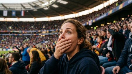 Spectateur choqué dans les tribunes d'un stade, main sur la bouche