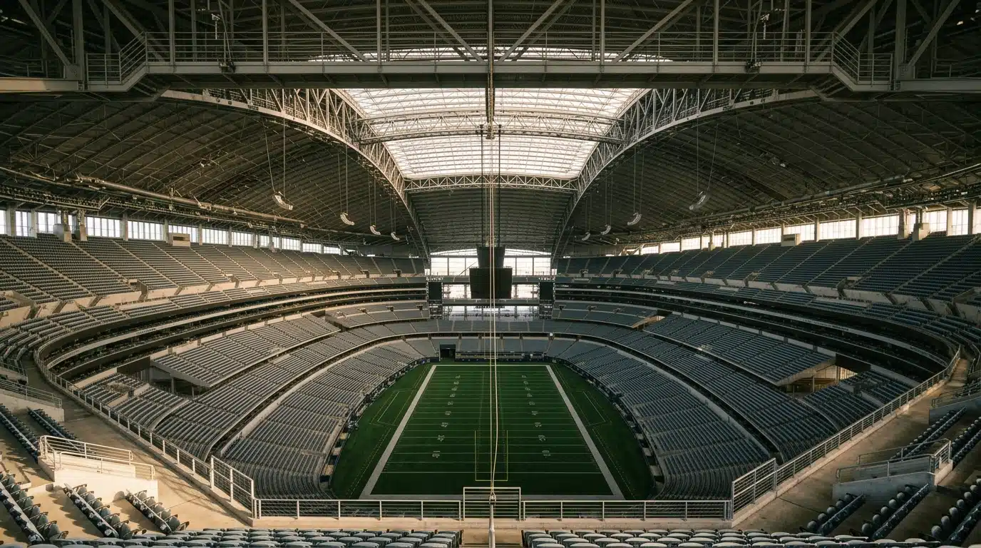 Corde de rappel suspendue sous le toit d'un grand stade