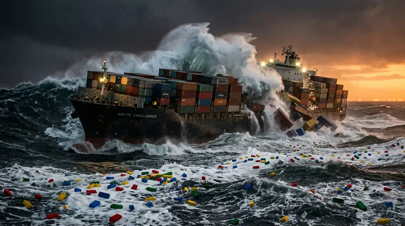 Cargo secoué par une vague géante, conteneurs tombant en mer