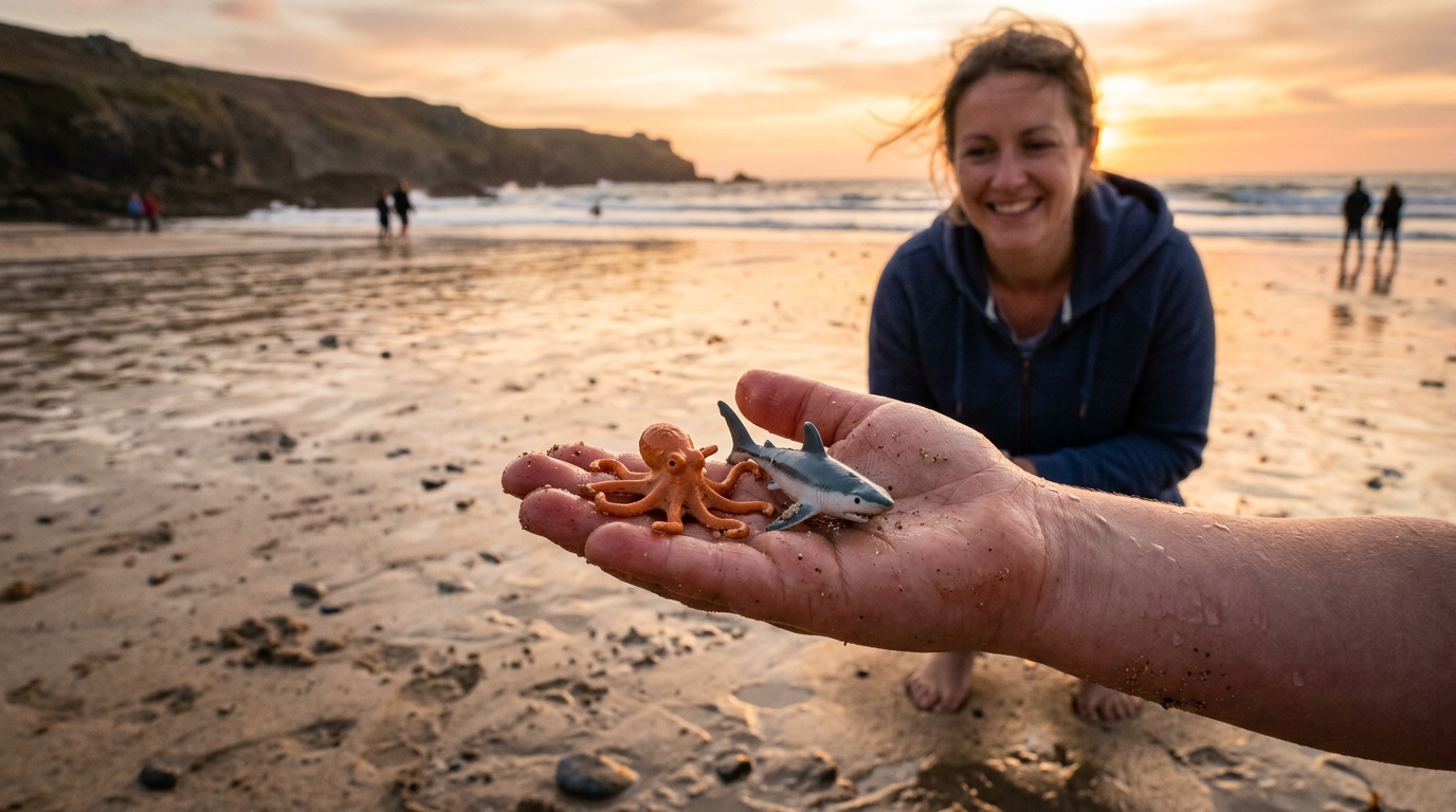 Pieuvre et requin en plastique trouvés sur le sable