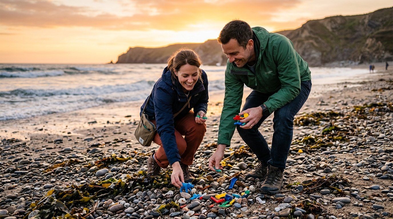 Couple ramassant des pièces en plastique sur une plage de Cornouailles
