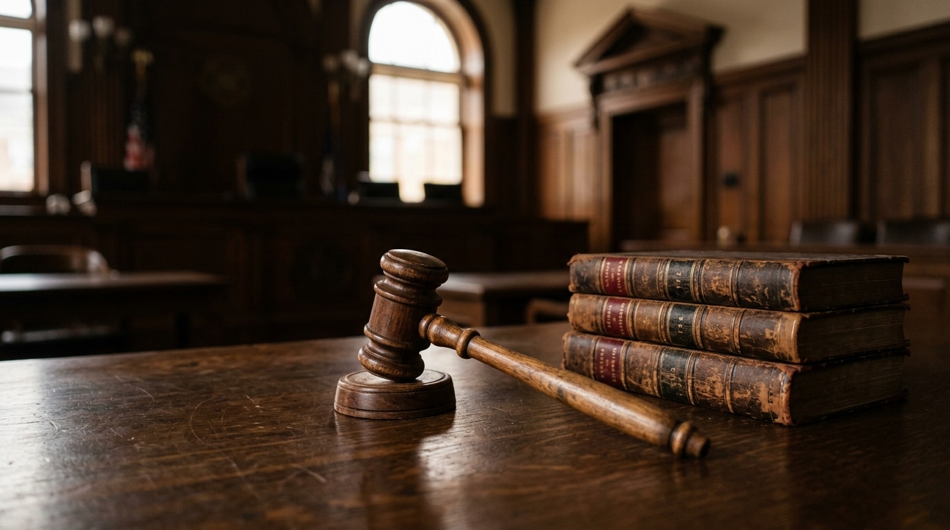 Marteau de juge posé sur un bureau de tribunal