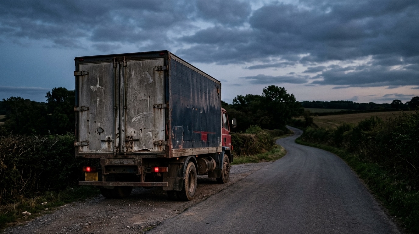 Camion de marchandises garé sur une route au crépuscule