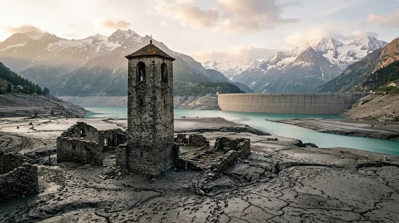 Clocher de pierre émergeant de la vase d'un lac vidé