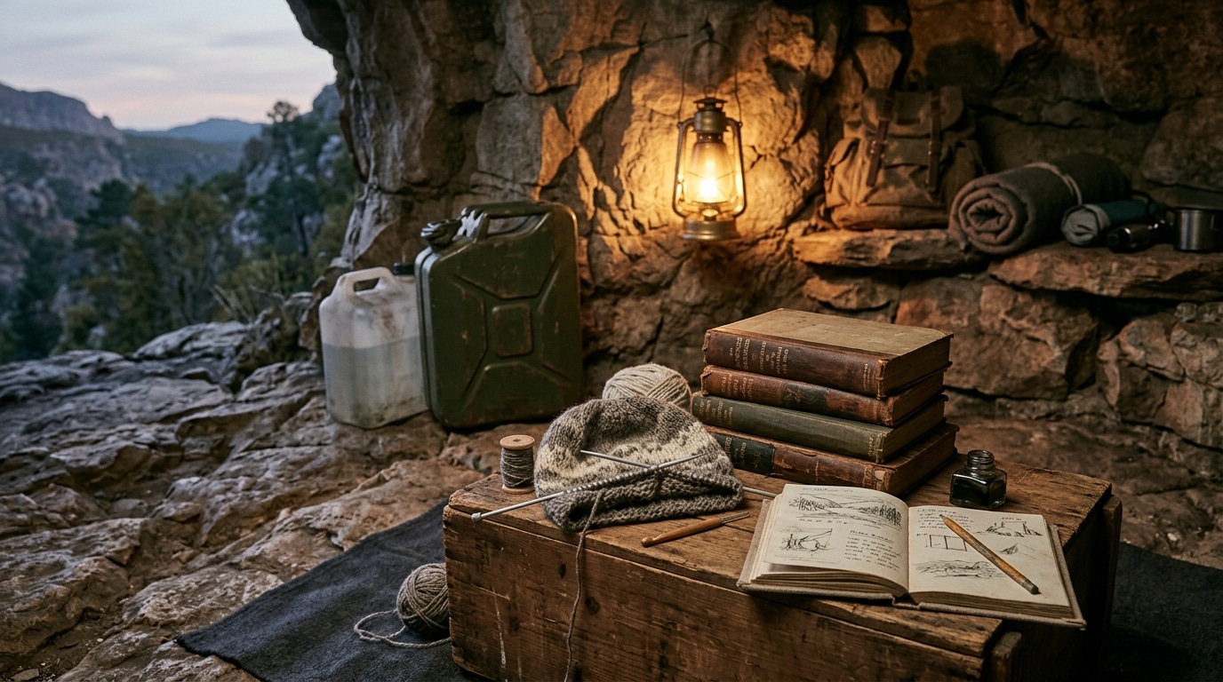Livres, tricot et bidons d'eau dans un campement souterrain