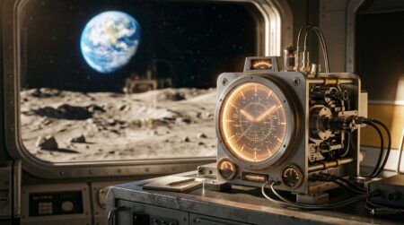 Horloge de précision devant la surface lunaire floue